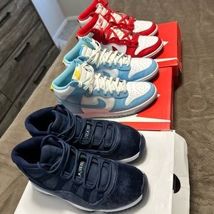 $250 for Package Deal. Velvet Blue 11s, Red Dunks, Blue Dunks. 9/9.5 Size